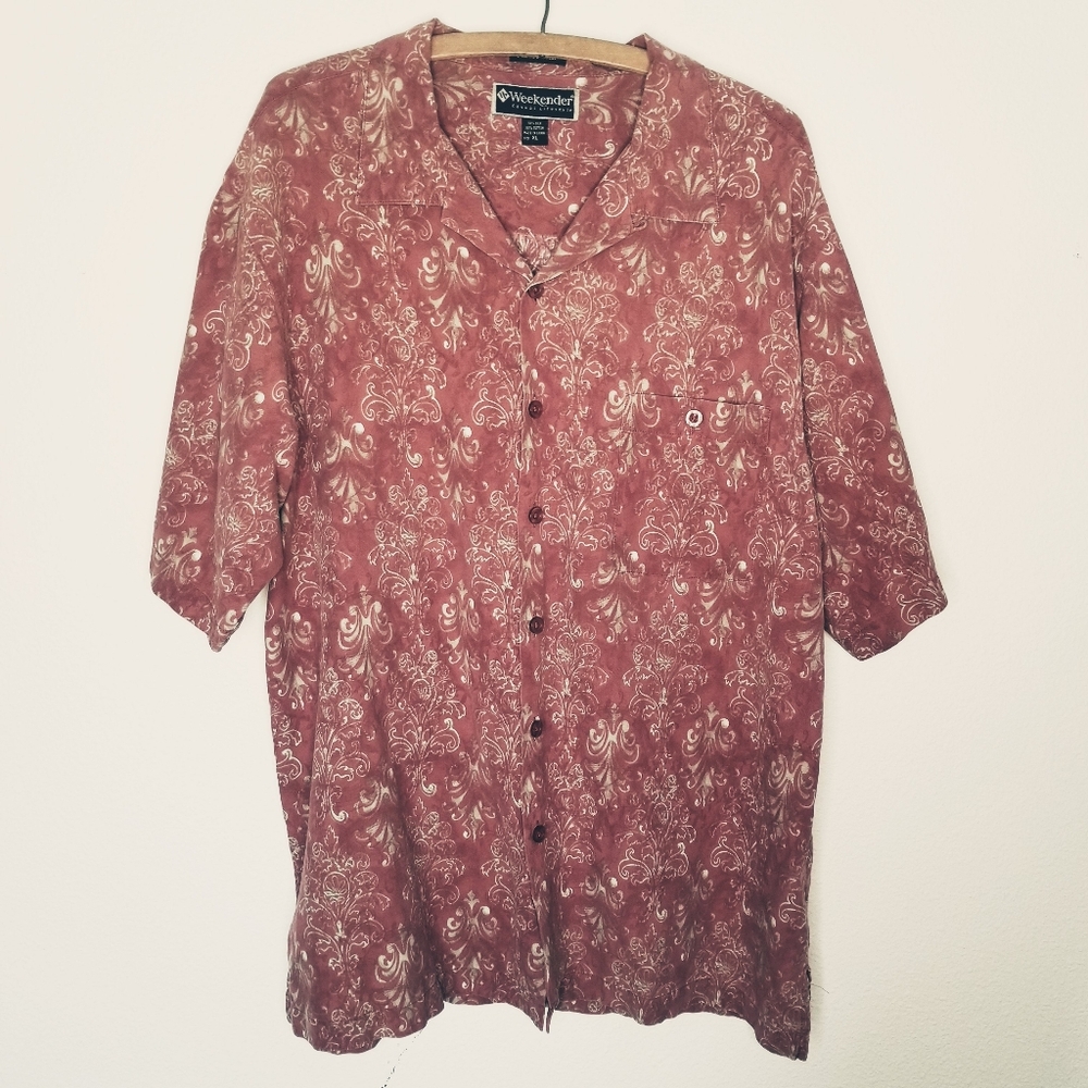 Vintage Silk Cotton Batik Camp Shirt Weekender Straight Hem XL
